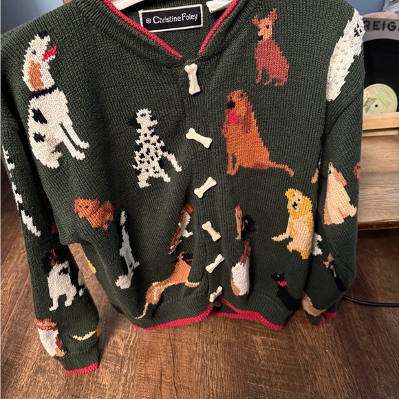 Christine Foley Kids Green Dog Pattern Cardigan Sweater - Picture 1 of 7